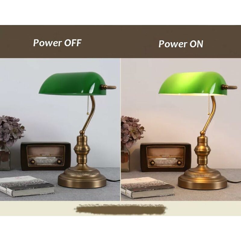 Deco Morgan Bankers Table Lamp 1 Light E27 Antique Brass/Green