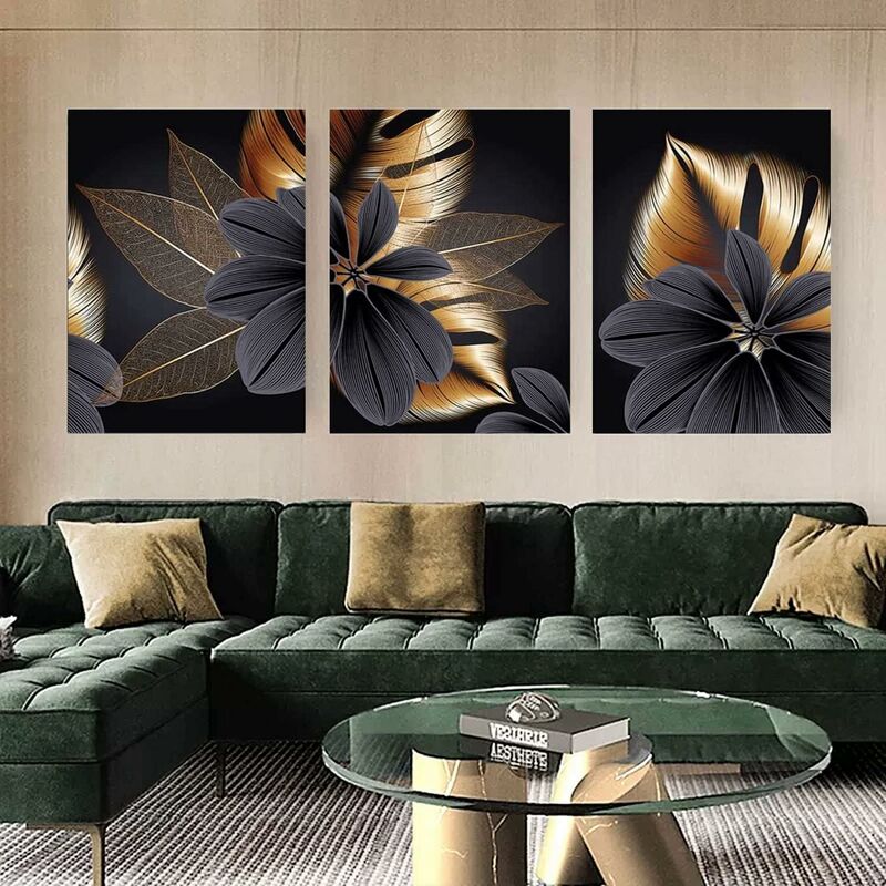 Set of 3 Canvas Posters, Plant Leaves Pattern, Modern Print, Wall Decor,  Black Gold (30 x 40 cm)