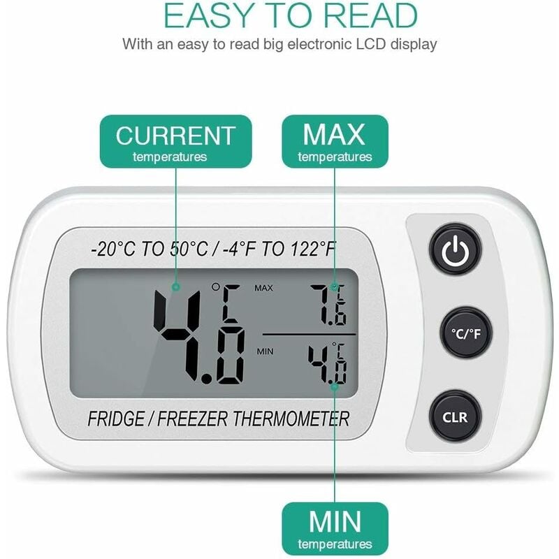 Waterproof Refrigerator Fridge Thermometer, Digital Freezer Room Thermometer,  Max/Min Record Function Large LCD Screen and Magnetic Back for Kitchen,  Home, Restaurants (2 Pack) 