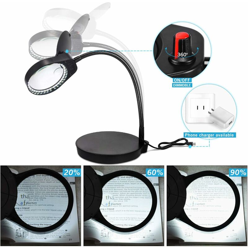 LITZEE LED Magnifying Lamp, Hands Free Magnifying Glass with Light,  Adjustable Brightness 10X / 3X Magnifying，Desk Lamp with Both Stand and  Clip for Reading Hobbies Artist Craft, UK Mains Plug