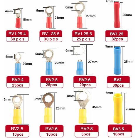 258pcs Electrical Crimp Ring Butt Connectors, 12 Types Crimp Ring Butt Terminals  Electrical Terminals, Insulated Crimp