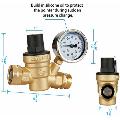 Adjustable Water Pressure Regulator with Gauge and Filter, Brass Lead-Free  3/4 NH Thread for Camper, RV Trailer