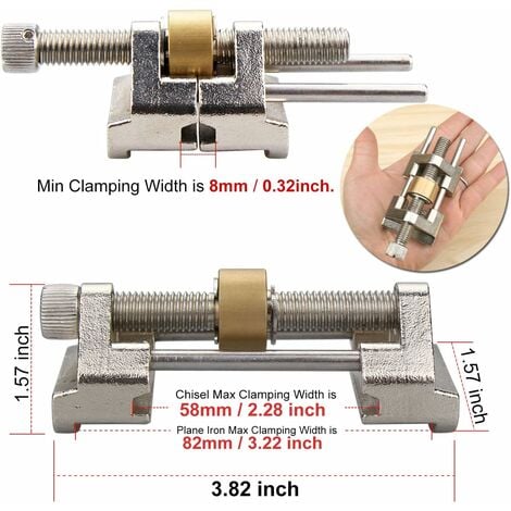 Guide d'affûtage - En acier inoxydable - Serrage sur le côté - Angle fixe - Avec rouleau en laiton pour ciseaux à bois, lame de rabot, burin plat - Largeur entre 0,8 et 8,2 cm