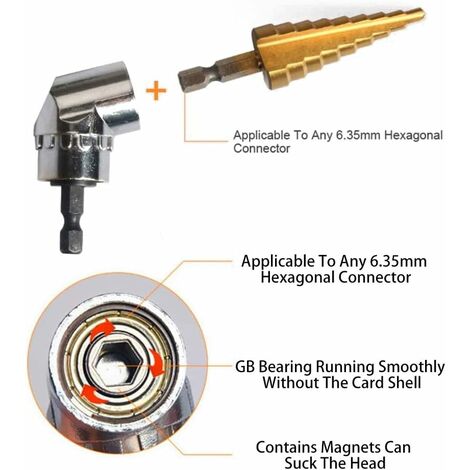 1pc Foret à Angle Droit et 3pcs Adaptateur Douille 1/2"3/8"1/4" Kit Renvoi d'angle Visseuse de 105 Degrés Magnétique Changement Rapide Perceuse Electrique Acce