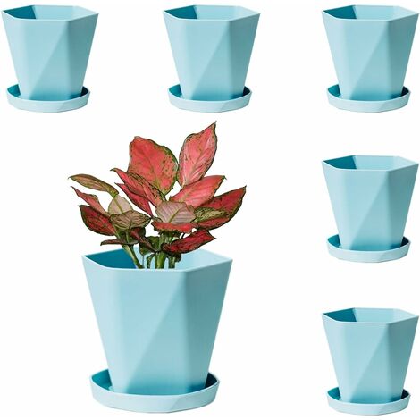 LITZEE 13cm Plastic Colorful Plant Pots Small Indoor Flower Pots Home Office Pots with Pallet/Trays - Blue
