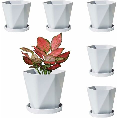LITZEE 13cm Plastic Colorful Plant Pots Small Indoor Flower Pots Home Office Pots with Palette/Tray - Grey