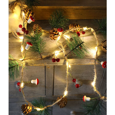 6.56 Ft 20 LED Christmas Lights Garland with Pine Cone Red Berries, for Indoor and Outdoor Christmas Decoration - Mushrooms, Pine Needles, Pine Cones