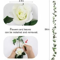 LITZEE Rose garland, artificial rose tendrils, 4 pieces, artificial silk, flower garlands for home, office, arch and garden decoration white