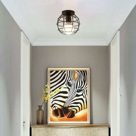 Vintage Ceiling Light Black Semi Flush Mount Pendant Lamp Metal Cage Hanging Light Shade E27