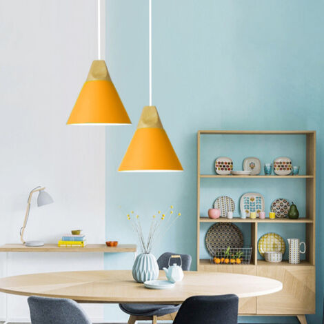 2-pack Modern Pendant Light Wood Metal Hanging Lamp Fixture Adjustable Ceiling Light Yellow Ø22cm (1/5)