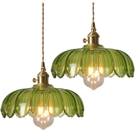 Vintage Ceiling Pendant Light Glass Lotus Hanging Light Indoor Chandelier for Loft Coffee Bar Kitchen Island 2Pcs Green