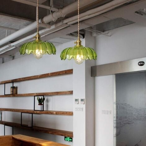 Vintage Ceiling Pendant Light Glass Lotus Hanging Light Indoor Chandelier for Loft Coffee Bar Kitchen Island 2Pcs Green
