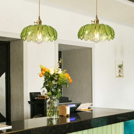 Vintage Ceiling Pendant Light Glass Lotus Hanging Light Indoor Chandelier for Loft Coffee Bar Kitchen Island 2Pcs Green