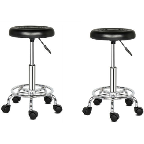 2 set of bar stool PU round adjustable height swivel salon chair suitable kitchen bar office Black - Black