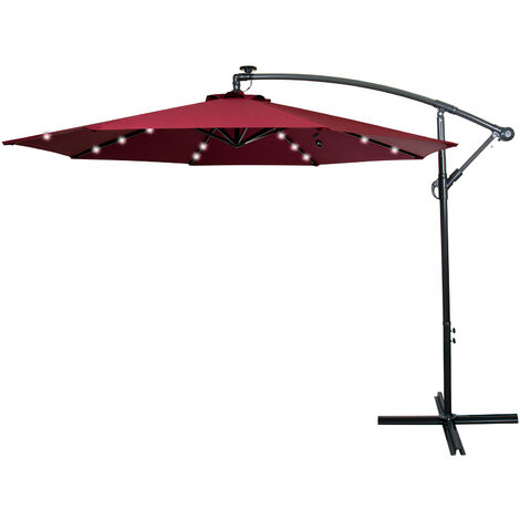10ft LED cantilever banana parasol with crank handle outdoor garden terrace iron paraso Wine red - Red