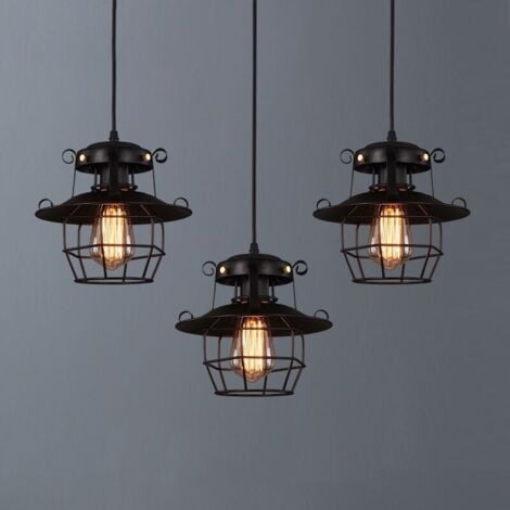 Industrial Retro Ceiling Pendant Light Metal Cage Hanging Lighting Lampshade Adjustable Chandelier Fixture 3PCS