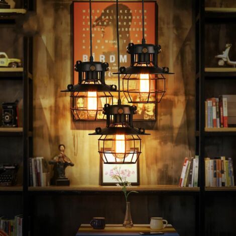 Industrial Retro Ceiling Pendant Light Metal Cage Hanging Lighting Lampshade Adjustable Chandelier Fixture 3PCS