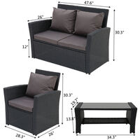 4 seater outdoor rattan sofa combination furniture rattan chair set cushion coffee table balcony courtyard cafe Black - Black