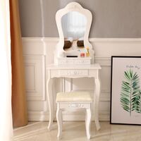 Dressing table set modern single mirror 3 drawer soft stool wooden set indoor home White - White