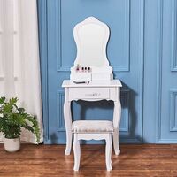 Dressing table set modern single mirror 3 drawer soft stool wooden set indoor home White - White