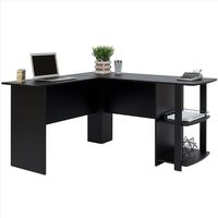 L-shaped corner computer desk wooden large pc gaming desk home desk with 2 storage shelves Black - Black
