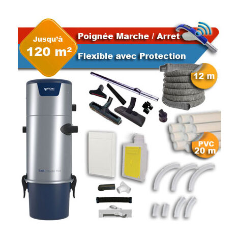 Aspirateur central Aertecnica TS4 garantie 3 ans + flexible rétractable 12 m avec housse de protection + poignée marche/arrêt + 7 accessoires + kit 1 prise RETRAFLEX + kit prise balai (rayon d'action (1/5)