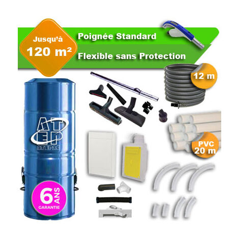 Aspirateur central hybride ATEPAC 70 GARANTIE 6 ANS + flexible rétractable 12 m standard + 7 accessoires + kit 1 prise RETRAFLEX + kit prise balai (rayon d'action 120 m2)