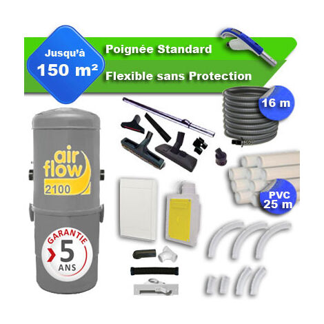 Aspirateur central AIRFLOW 2100 garantie 5 ans + flexible rétractable  16 m standard + 7 accessoires + kit 1 prise RETRAFLEX + kit prise balai (rayon d'action 150 m2)