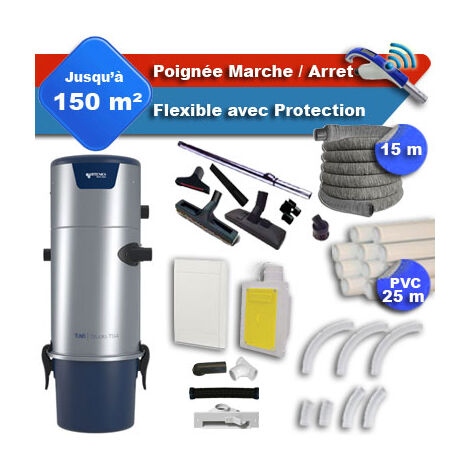 Aspirateur central Aertecnica TS4 garantie 3 ans + flexible rétractable 15 m avec housse de protection + poignée marche/arrêt + 7 accessoires + kit 1 prise RETRAFLEX + kit prise balai (rayon d'action (1/5)