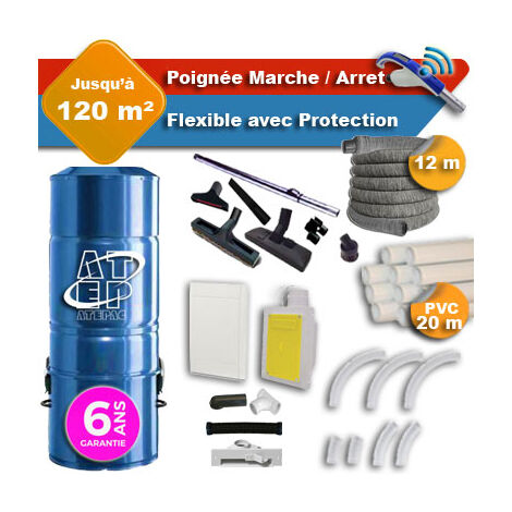 Aspirateur central hybride ATEPAC 70 GARANTIE 6 ANS + flexible rétractable 12 m avec housse de protection + poignée marche/arrêt + 7 accessoires + kit 1 prise RETRAFLEX + kit prise balai (rayon d'acti (1/5)