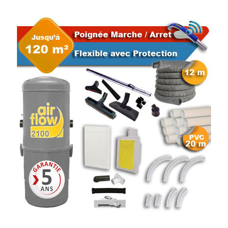 Aspirateur central AIRFLOW 2100 garantie 5 ans + flexible rétractable 12 m avec housse de protection + poignée marche/arrêt + 7 accessoires + kit 1 prise RETRAFLEX + kit prise balai (rayon d'action 12