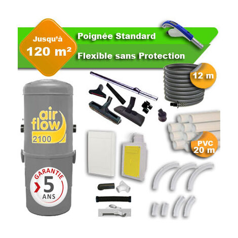 Aspirateur central AIRFLOW 2100 garantie 5 ans + flexible rétractable  12 m standard + 7 accessoires + kit 1 prise RETRAFLEX + kit prise balai (rayon d'action 120 m2)