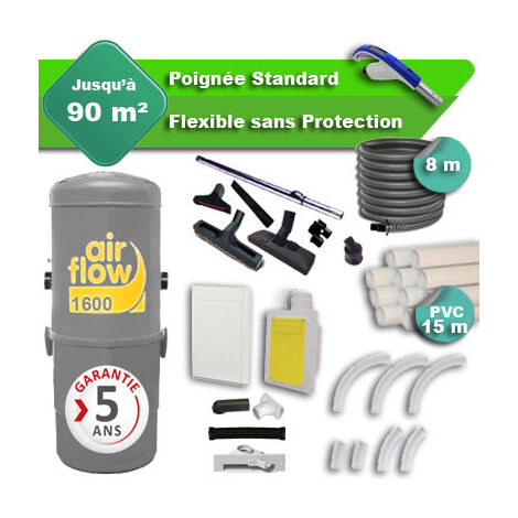 Aspirateur central AIRFLOW 1600 garantie 5 ans + flexible rétractable  8 m standard + 7 accessoires + kit 1 prise RETRAFLEX + kit prise balai (rayon d'action 90 m2)