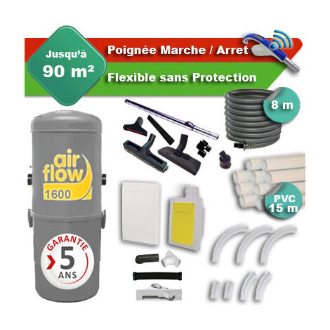 Aspirateur central AIRFLOW 1600 garantie 5 ans + flexible rétractable  8 m + poignée marche/arrêt + 7 accessoires + kit 1 prise RETRAFLEX + kit prise balai (rayon d'action 90 m2)