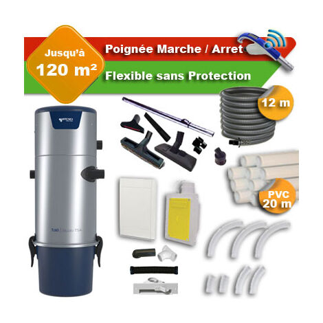 Aspirateur central Aertecnica TS4 garantie 3 ans + flexible rétractable  12 m + poignée marche/arrêt + 7 accessoires + kit 1 prise RETRAFLEX + kit prise balai (rayon d'action 120 m2) (1/5)