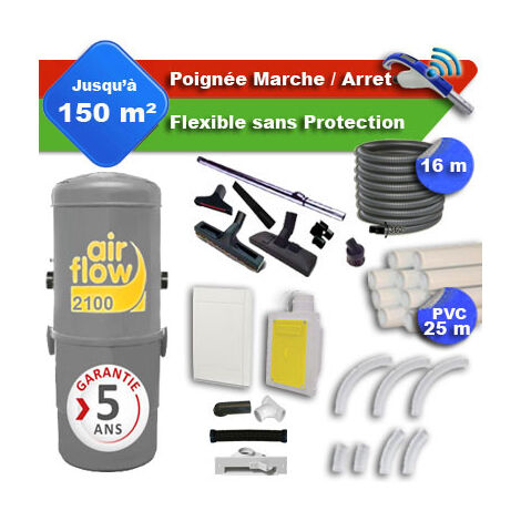 Aspirateur central AIRFLOW 2100 garantie 5 ans + flexible rétractable  16 m + poignée marche/arrêt + 7 accessoires + kit 1 prise RETRAFLEX + kit prise balai (rayon d'action 150 m2)
