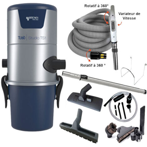 Aspiration centralisée AERTECNICA TS1 (jusqu’à 250 m²), Sans Sac - GARANTIE 3 ANS  - Avec 1 trousse flexible à variateur 9 M + 8 accessoires + kit de nettoyage micro (AA081) offert