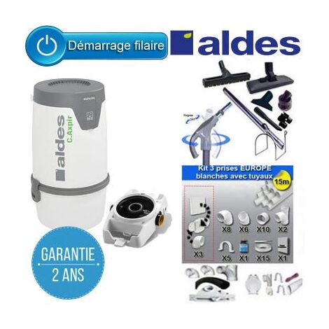 Aspirateur central ALDES Pack C.AXPIR INITIA Garantie 2 ANS (jusqu’à 200 m²) + Set inter 9 M + 8 accessoires + kit 3 prises + kit prise balai + kit prise garage + Berceau mural