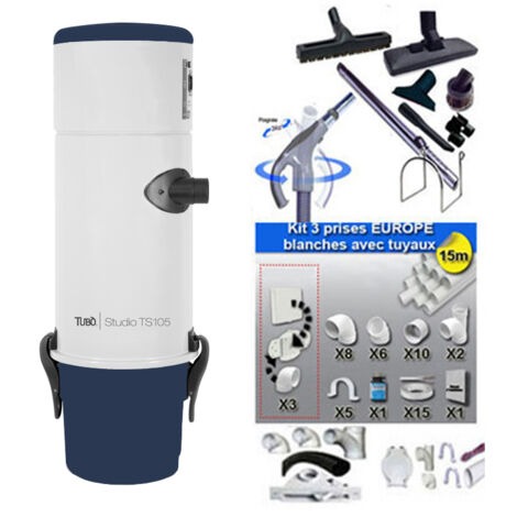 Aspiration Centralisée Aertecnica TS105 garantie 3 ans (jusqu'à 250 M²) + Set inter 9 M + 8 accessoires + kit 3 prises + kit prise balai + kit prise garage