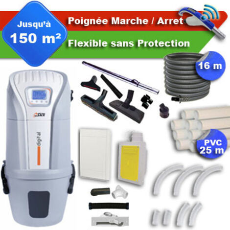 Aspirateur central SACH VAC Digital 2.4 kW garantie 4 ans + flexible rétractable 16 m + poignée marche/arrêt + 7 accessoires + kit 1 prise RETRAFLEX + kit prise balai (rayon d'action 150 m2) (1/5)