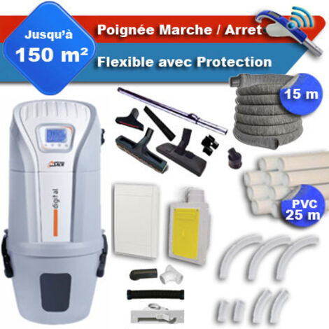 Aspirateur central SACH VAC Digital 2.4 kW garantie 4 ans + flexible rétractable 15 m avec housse de protection + poignée marche/arrêt + 7 accessoires + kit 1 prise RETRAFLEX + kit prise balai (rayon (1/5)