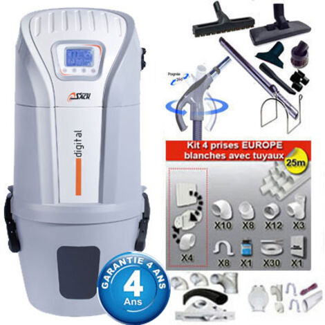 Aspiration centralisée SACH CVTech VAC Digital 2.4 kW garantie 4 ans (jusqu'à 500 M²) + Set inter 9 M + 8 accessoires + kit 4 prises + kit prise balai + kit prise garage (1/5)