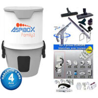 Centrale d'aspiration hybride Aspibox Family2 garantie 4 ans (jusqu’à 150 m²) + Set inter 9 M + 8 accessoires + kit 3 prises + kit prise balai + kit prise garage