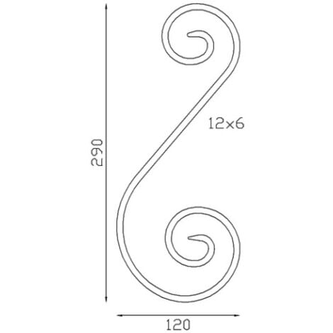 Volute en S inégale coupe droite - Hauteur 290mm Largeur 120mm Plat lisse 12x6mm - Fer forgé - À souder - DECO FER FORGE