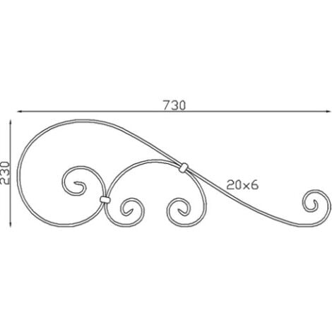 Volute en S inégale coupe droite - Hauteur 730mm Largeur 250mm Plat lisse 20x6mm - Fer forgé - À souder - DECO FER FORGE