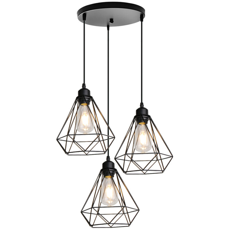 Lámpara Colgante, 3 Luces Ø20cm Diamante Lámparas de Techo de Metal, Vintage Iluminación E27 para Dormitorio Salon Cocina Comedor (Negro)