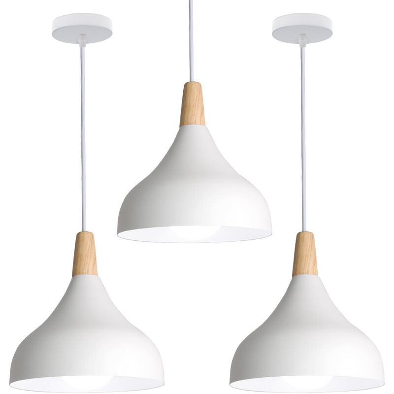 Lámpara Colgante 3 Piezas, Moderna Lámpara de Techo con Ø20cm Cúpula Pantalla de Madera y Metal, Iluminación Decor Art Luz E27 para Dormitorio Cocina Comedor Cafe (Blanco)