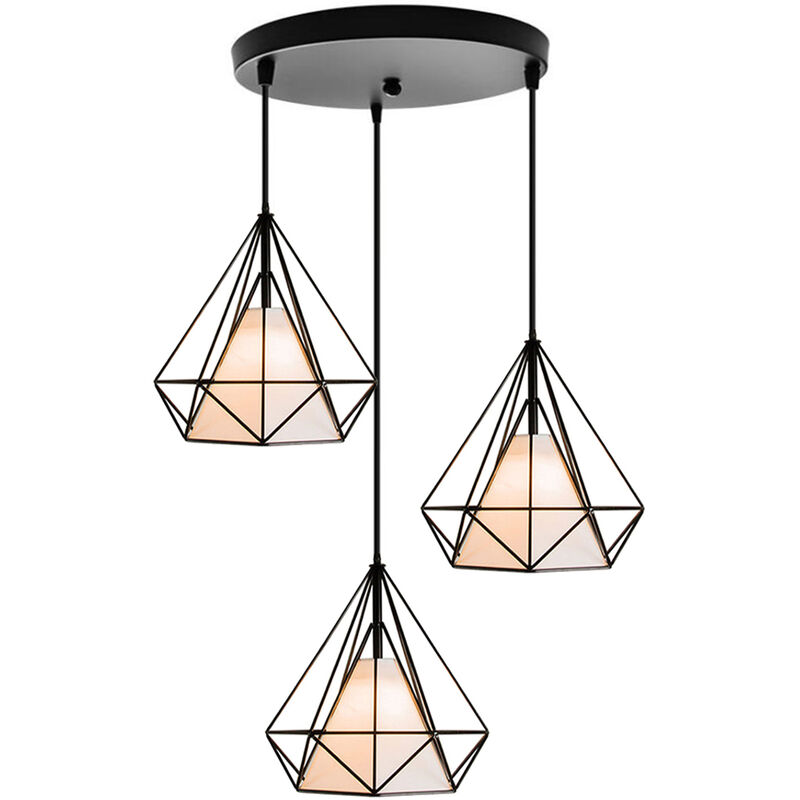 Lámpara Colgante, 3 Luces Vintage Lámparas de Techo con Ø25cm Pantalla de Diamante, Industriale Luminaria de Techo de Planchar E27 para Dormitorio Salon Cocina Comedor (Negro)