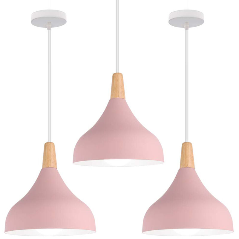 Lámpara Colgante 3 Piezas, Moderna Lámpara de Techo con Ø20cm Cúpula Pantalla de Madera y Metal, Iluminación Decor Art Luz E27 para Dormitorio Cocina Comedor Cafe (Rosa)