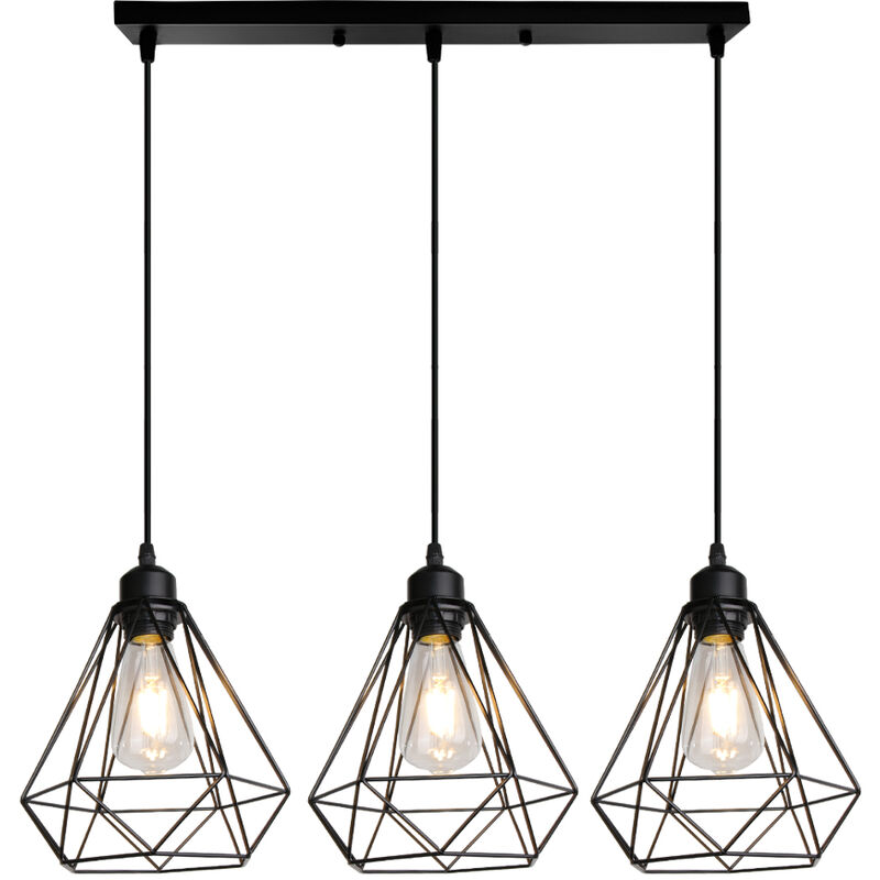 Lámpara Colgante, 3 Luces Vintage Lámpara de Techo con Jaula Diamante de Metal, Industrial Estilo Iluminación E27 para Dormitorio Cocina Comedor Cafe (Negro)